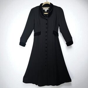 David Warren New York Woman 2 Petite‎ Black Dress Velvet Trim Buttoned Gothcore